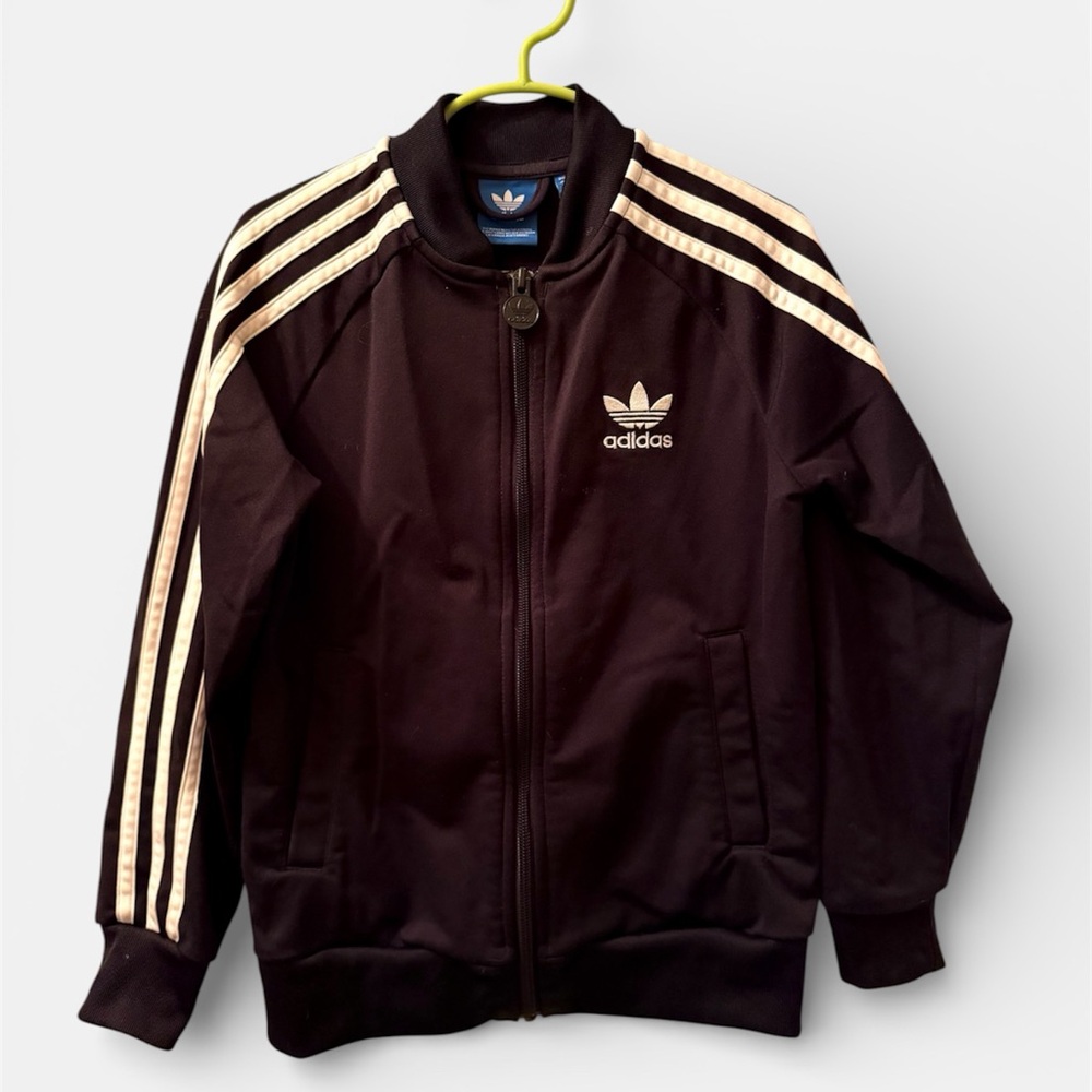 Kids Adidas Black Track Jacket with White Stripes